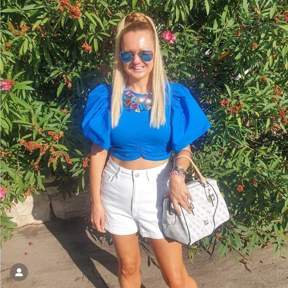 Zara blue ruched statement ruffle sleeve crop top